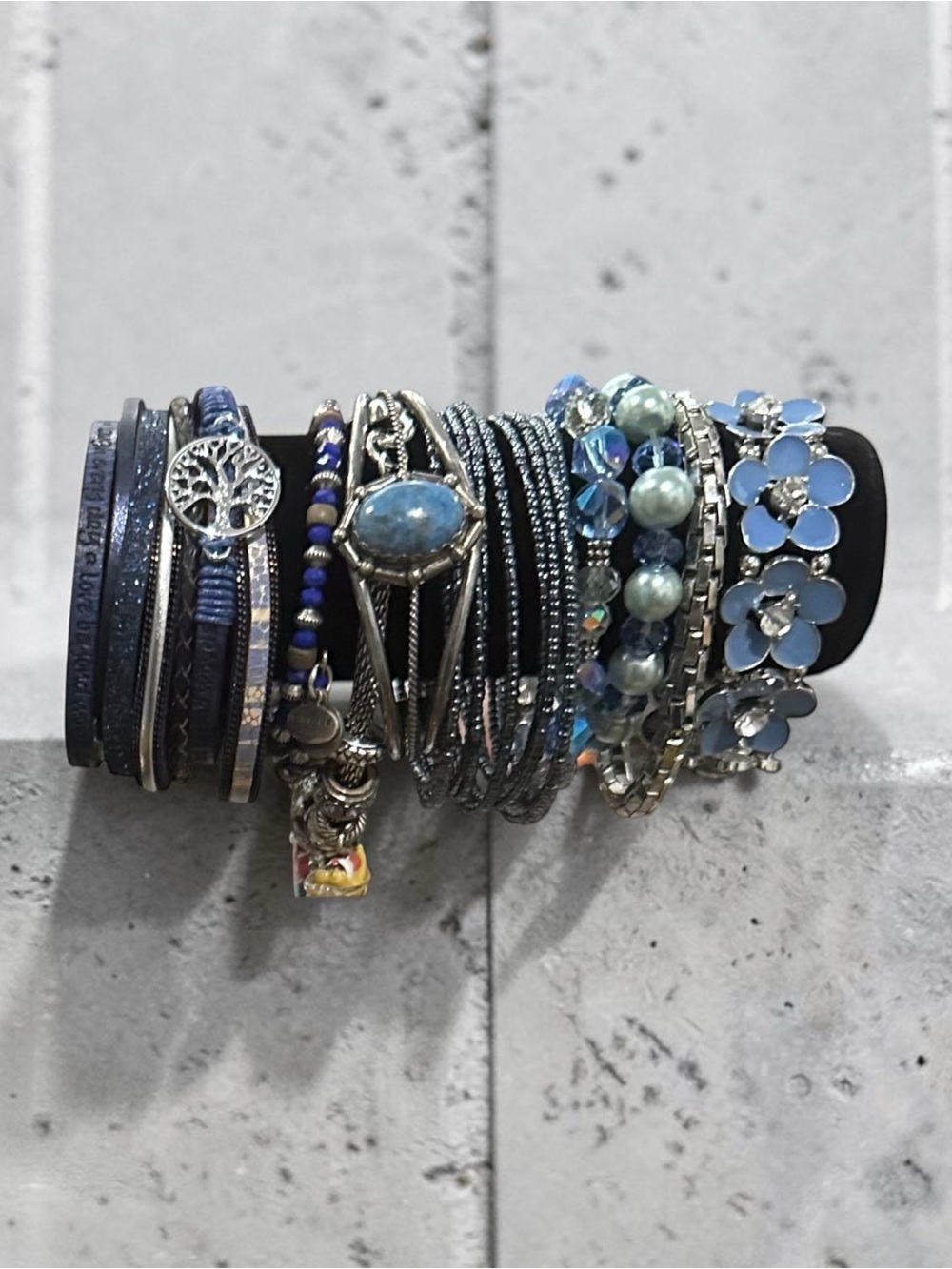 Boho Blue Leather Wrap Bracelet Stack Tree of Life Crystal Beaded Cuff